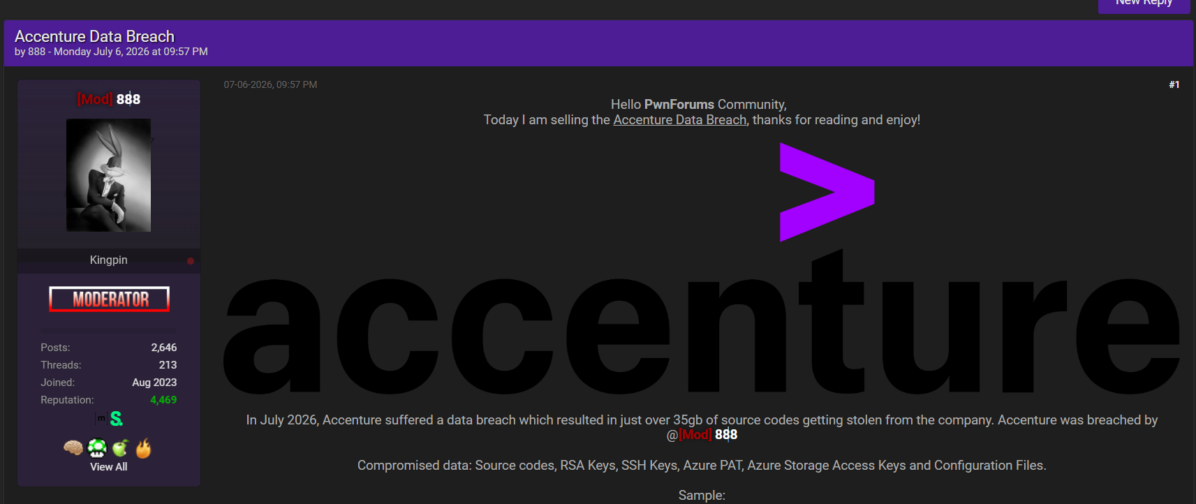 The "Accenture Data Breach" listing on PwnForums, posted by 888