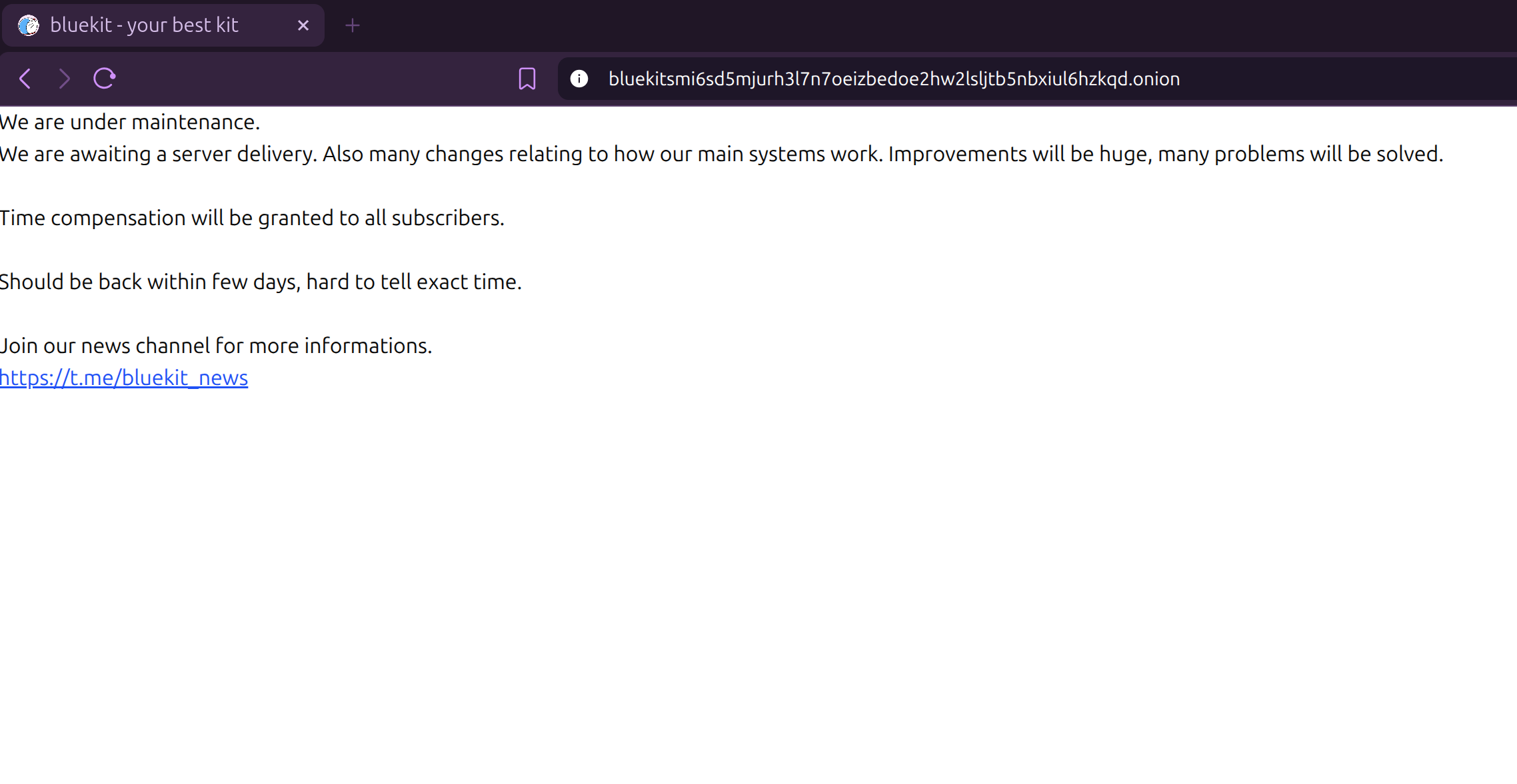 The Bluekit Tor hidden service .onion address as published by the operator