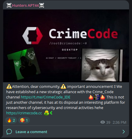 Telegram post from Hunters APT44 announcing strategic alliance with CrimeCode, showing CrimeCode branding and cat mugshot image